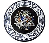 91,4 x 91,4 cm Edelsteine Inlay Arbeit Esstisch Platte schwarzer Marmor runde Form Rasentisch von Indian Art and Crafts