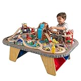 KidKraft 17498 Eisenbahnset und Spieltisch Waterfall Junction Bahngleis-Set und Tisch aus Holz, Naturfarben