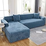 SXGCH L-förmiger Sofabezug, hochelastischer Spandex-Blätter-Jacquard-Sofabezug mit 2 Kissenbezügen, Möbelschutz für Wohnzimmer, Haustiere, Seeblau, 3-Sitzer + 3-Sitzer