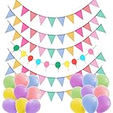 Wimpelkette Outdoor Wetterfest, Wimpelkette Stoff Draußen 5 Stück 4M 58Pcs Wimpel + 18Pcs Bunte Luftballons+ 2M Ballon Wimpelkette Kinderzimmer, Einschulung Deko(Blauyellow)