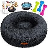 Lovpet® Hundebett Hundekissen Katzenbett Bagel, Waschbar, Inkl. Napf + 3X Kauknochen, Hundesofa flauschig Kissen Rund aus Plüsch für Kleine, Mittelgroße & Große Hunde, Katzen [L, Ø 60cm Anthrazit]