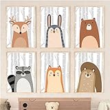 DEPORE 6 Stück Dschungeltiere Bär Eichhörnchen Waschbär Fuchs Kaninchen Leinwandgemälde Kinderzimmer Wandkunst Poster Kinder Babyzimmer Schlafzimmer Heim Dekoration-40 * 60Cm/16 * 24 Zoll (Ungerahmt)
