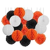 Kinder Junge Mädchen 18. Geburtstag Partybevorzugung Lila Weiß Set Runde Papierlaterne Baby Taufe DIY Taschentuchfächer Hochzeitsdeko Pompom-Schwarz Orange Set, 8 Zoll (ca. 20 cm)-S