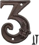 Vandicka Hausnummer aus Gusseisen - Landhausstil, Adressnummernschild, Antikbraun, Rost-Finish mit Fleur de Lis Prägung,11x7,5 cm - Ziffer 3