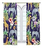 Assos Home Tropische Tiere bedruckter Vorhang / Schlafzimmer Esszimmer Wohnzimmer Abdeckungen Set mit 2 Paneelen - mehrdimensionales Zebra, Giraffe, Blumenwald, Blau