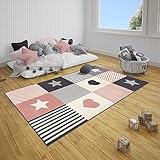 HANSE Home Teppich Kinderzimmer Kinderteppich Lovely Patchwork – Junge Mädchen Spielteppich Kurzflor Teppich Modern mit Sternen Herzen Streifen, Weicher Flor, Pflegeleicht - Grau Rosa, 120x170cm