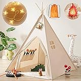 Tiny Land Tipi Zelt für Kinder mit Lichtern & Tragetasche, Kinderzelt für Drinnen, Tipi Zelt Kinderzimmer, Natürliche Baumwolle Spielzelt für Mädchen & Jungen,Spielzeug für 3~5 Jahre Alte Kinder