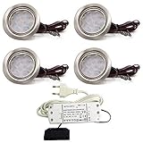 vislux 4er Set LED Möbelleuchte Einbaustrahler Edelstahl Gebürstet flach 3W warmweiß 3200K 200lm 12V + 15W LED Trafo 230V für das Wohnzimmer, Küche und Bad