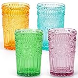 MDLUU Glaswaren-Becher, geprägte Wassergläser, Vintage-Trinkgläser, mehrfarbiges Glas für Saft, Getränke, Cocktail, Fassungsvermögen: 345 ml, 4 Stück