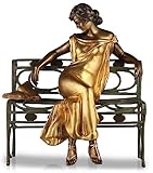 Casa Padrino Luxus Jugendstil Skulptur Dame auf Sitzbank Bronze mit Patina/Gold/Antik Grün H.65 cm - Handgefertigte Bronze Deko Figur - Luxus Qualität - Made in Italy