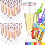 Sektgläser Plastik Champagner Gläser 160ml Sektflöten Kunststoff Sektkelch mit Strohhalme BPA-frei Mehrweg für Sektempfang Party Picknick Geburtstag Hochzeit Junggesellenabschied 27Stk(Roségoldrand)