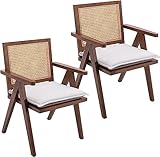 Wahson Rattansessel Esszimmerstühle 2er Set, Küchenstuhl Rustikaler Sessel, gepolsterter Lesestuhl mit Massivholzbeinen, Sitzkissen aus Leinen, bequemer Retro Sessel für Wohnzimmer/Esszimmer, Walnuss