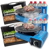 AXIONMARKT® XXL 2 Gaskocher inkl. 8 Gaskartuschen und 2 Grillplatten - Campingkocher mit Gaskartusche Set - Gaskocher mit Kartusche 1-flammig - Campingkocher stufenlos regulierbar mit Piezozündung NEU