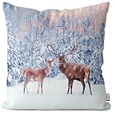 VOID Hirsch REH Rothirsch Rotwild Winter Kissenbezug Kissenhülle Polyester wasserfest Outdoor Indoor, Kissen Größe:60 x 60 cm