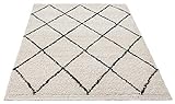 the carpet Bahar Shaggy Hochflor (35 mm) Langflor Wohnzimmer Teppich Rauten Muster Creme-Schwarz 120x170 cm