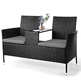 TLSUNNY Balkonmöbel Set, Polyrattan Gartenbank, 2-Sitzer Gartenmöbel Set mit Tisch & Kissen, Rattan Material Gartenbank Wetterfest, Bequem und Atmungsaktiv, Schwarz, Groß Gartenbank(124,5X56X82,5cm)