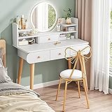 EnixWh Kosmetikspiegel mit Lichtern und Tischset, Make-up-Schminktisch mit 3 Beleuchtungsmodi & Touchscreen, Schminktisch mit offenen Regalen, Schminktisch mit Aufbewahrungsschubladen (Farbe: Weiß)