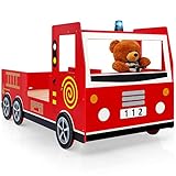 Deuba Kinderbett 205x94,5x103 cm Rausfallschutz Lattenrost 100kg Juniorbett Autobett Feuerwehr Bett Schlafzimmer Spielbett Rot