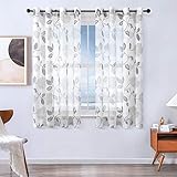 MRTREES Voile Gardinen Vorhang halbtransparent kurz Gardine Blumen Vorhänge Muster mit Ösen in Leinenoptik Grau 160×140 (H×B) Schlaufenschal 2er Set für Wohnzimmer Schlafzimmer Kinderzimmer