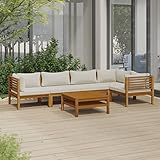 JUNZAI 6-TLG. Garten-Lounge-Set mit Creme Kissen, Terassenmöbel Wetterfest, Loungemöbel Terrasse, Garten Sitzgruppe, Balkon Sitzgruppe,Massivholz Akazie