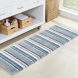 Carvapet rutschfest Badematte Badezimmerteppich Wasserabsorbierend Badvorleger für Badezimmer Weiche Plüsch Gestreifte Mikrofaser Badteppich Duschvorleger（Blau,43x122cm）
