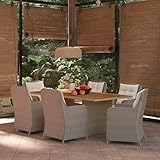 Gecheer 7-TLG. Garten Essgruppe 6 Personen, Esstisch mit Massivholz-Tischplatte & 6 Stühle mit Sitzpolster, Gartenmöbel Set, Gartenset Sitzgruppe Poly Rattan Braun