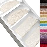 casa pura Shaggy Stufenmatten Barcelona 15 Stück Set, weicher Hochflor Treppen-Teppich | sauber eingekettelt, Starke Befestigung, stabile Winkelschiene, | halbrund | 65 x 23,5cm | Creme