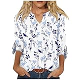 Sommer Top Damen Locker Sexy Langer 3/4 Ärmel Notch V Ausschnitt Damen Tshirt Sommer Gedruckt T Shirt Retro Longshirt Sommer Slim Fit Blusenshirt Damen Oberteil Mit Knöpfen Frauen,Purple,S