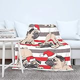 IUBBKI Unisex Decke Tagesdecke Decke Gestreift Lustige Mops Weihnachten Hund Design TV Decke Winter Reise Tagesdecke Weiß 130x150 cm