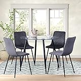 GOLDFAN Glas Esstisch und 4 Stühle Runde Esstisch Set 4 Samt Esszimmer Stühle mit Schwarzen Metall Beine Wohnzimmer Büro, Grau