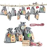 Adventskalender stoffsäckchen zum Befüllen und Aufhängen, 24 Stoffbeutel für Geschenk-Verpackung, 2021 Weihnachten Geschenksäckchen Deko Kette zum Selberfüllen, jutebeutel, 24 Zahlen Buttons von DIY