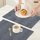 Platzsets(4er Set),Rutschfest Abwaschbar Tischsets,Graue und blaue geometrische gepunktete Linien quadratische Formatio,PVC Abgrifffeste Hitzebeständig Platzdeckchen,Platz-Matten für Küche Speisetisch