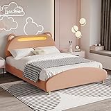 Tkopy Doppelbett Polsterbett, 140x200cm Bett mit Lattenrost, Kinderbett, Jugendbett, Bettkopf mit lustiger Bärenkopfform und LED-Leiste, Samtstoff Khaki