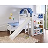 Relita Etagenbett Beni L mit Rutsche, Buche massiv, weiß lackiert, mit Tunnel und Tasche blau Delphin