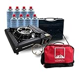Clearfee Gaskocher Set | Campingkocher mit Tragekoffer + 8 Gaskartuschen + 2GO Campingtasche + Gasherdkreuz für Espresso-kocher