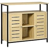 HOMCOM Sideboard, Kommode mit 2 Türen und 3 offenen Regalen, Küchenschrank, Aufbewahrungsschrank mit Kippschutz, Wohnzimmerschrank im Industrie-Design, Stahlrahmen, Natur, 90 x 30 x 79,5 cm