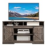 fangqi Farmhouse Großer TV-Schrank,Sideboard,Unterhaltungscenter mit 2 klassischen Schiebetüren,verstellbaren Regalen für Wohnzimmer,Esszimmer,Industriedesign,rustikales Waschgrau 150 * 40 * 81,5 cm