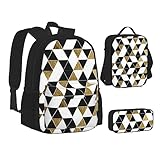 TOMPPY Fashion Modern Schwarz Weiß Gold Dreiecke bedruckte Büchertasche mit Lunchtasche und Federmäppchen für Elementar-, 3-teiliges Rucksack-Set, Schwarz , Einheitsgröße, Schulranzen-Set