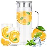 Cieex Glaskaraffe mit Deckell,1.4 Liter Wasserkaraffe aus Glas, Borosilikatglas karaffe, Wasserkrug, Glaskrug mit 2 Stück Gläser 250 Ml für DIY Getränke, Heißes/Kaltes Wasser, Tee und Milch