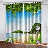 Hundnsney 3D Tropische Waldmeerlandschaft Muster Vorhang Blickdicht Ösen 2Er Set Modern Thermogardine Für Wohnzimmer Schlafzimmer Verdunklungsvorhänge Kinderzimmer Fensterdekoration 160X150cm (HxB)