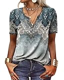 Onsoyours Tops Damen Kurzarm V-Ausschnitt Tshirts Mehrfarbig Freizeit Tunika Oberteile Bedruckte Bluse Damen Elegant Lässige Hemd Knopfleiste Marine 3XL