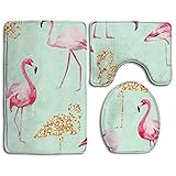 IUBBKI Flamingo Mintgrün Komfort Flanell Badezimmerteppich Matten Set 3-teilig weich rutschfest mit Rückseite Pad Badematte + Contour Teppich + WC Deckel Abdeckung saugfähig