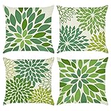 Bonhause 4er Set Kissenbezüge Blumen Grün 45 x 45 cm Dahlia Pinnata Geometrische Polyester Leinen Dekorative Kissenhülle Zierkissenbezüge für Sofa Schlafzimmer Wohnzimmer Zuhause Dekoration