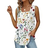 TURWXGSO Tank Tops Damen Sommer Ärmellose Tshirts Square Kragen Weste Top Elegant Lose Tunika Shirt Bedrucktes T-Shirt Plissiertes Oberteil Casual Tank Top Lockere Oberteile Ärmellos Blusentop