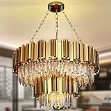 AOOCHOK Modern Kristall Pendelleuchte Gold Kronleuchter, Rund Kristall Hängeleuchte, Häengelampe für Wohnzimmer, Esszimmer, Schlafzimmer, Restaurant, E14 x 17, Ø75 cm