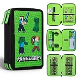 Minecraft Federmäppchen Kinder Federtasche Junge Gefüllt mit Schreibwaren Fächer Pencil Case Federmäppchen Jungen Schulmäppchen Federpenal Etui Gamerr (Grün Mob)