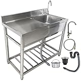 304 Edelstahl Einzelschüssel Gewerbe Restaurant Spülbecken Set mit Wasserhahn Freistehendes Waschbecken Waschbecken mit Werkbank für Außen- und Küche, 100 cm x 51 cm x 80 cm