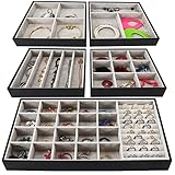 BELLE VOUS Schwarze Kunstleder Schminktisch Organizer (5 Stk) - 2 Größen, 1 Großer Jewelry Organizer & 4 Quadratische Tabletts - Schubladen Ordnungssystem für Halsketten, Ringe, Armbänder & Ohrringe