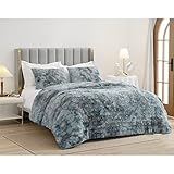 Shalala Kunstfell-Steppdecke, King-Size, ultraweich, Batik-Bettwäsche-Set für King-Size, 3-teilig, flauschig, warm, Tagesdecke, Bettbezug für alle Jahreszeiten (Grau und Blau)