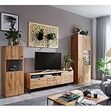 Lomadox Wohnwand Schrankwand mit Couchtisch und LED Beleuchtung, Wildeiche massiv geölt (Set bestehend aus Couchtisch, Highboard, Vitrine, TV-Lowboard)